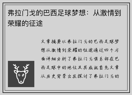 弗拉门戈的巴西足球梦想：从激情到荣耀的征途